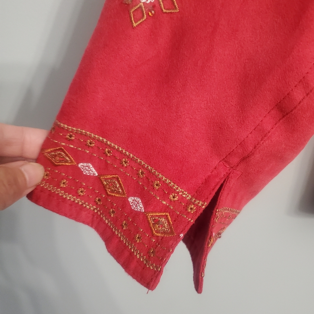 ColdWater Creek Red Faux Suede Embroidered Embellished Blazer  Sz14 Chic Grandma - Picture 8 of 16